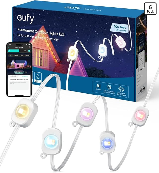 eufy Permanent Outdoor Lights E22, 100ft with 60 Triple-LED Lights, Smart RGBWW for Christmas, Da... | Amazon (US)
