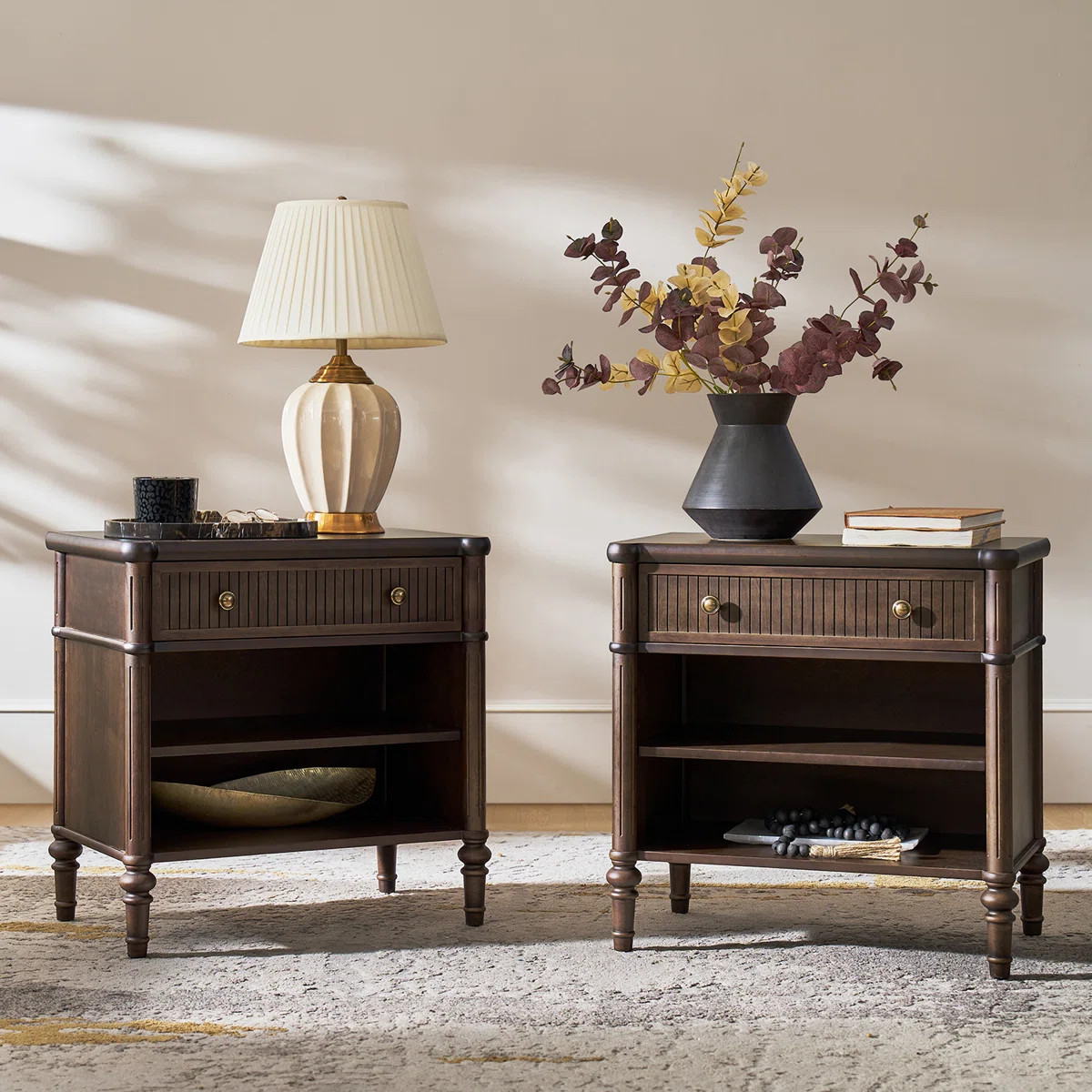 Kaybri Transitional 26"W Fluted 1-Drawer Solid End Tables with Built-In Charging Station Set of 2 | Wayfair North America