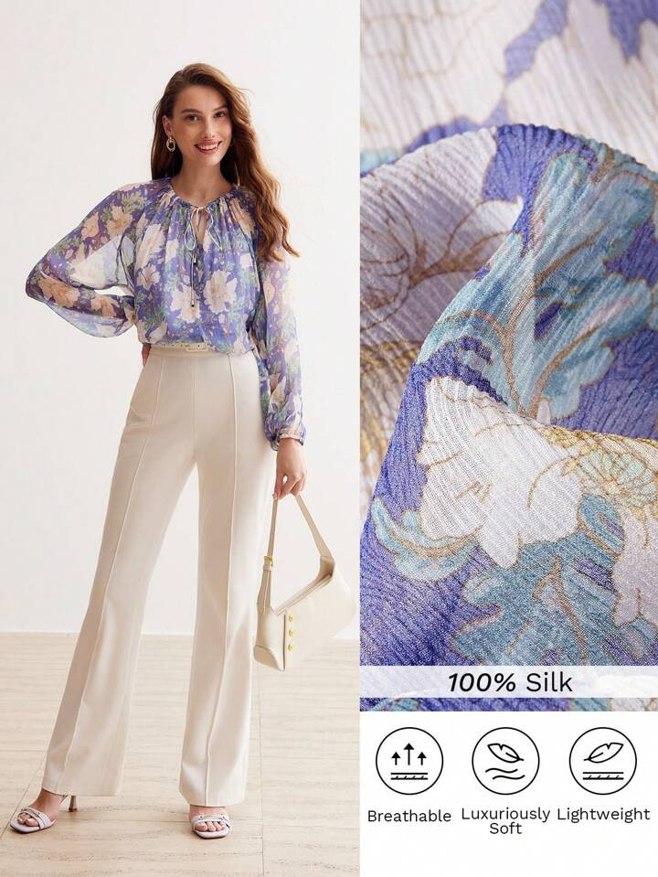 MOTF PREMIUM SILK FLORAL PRINT TIE NECK LANTERN SLEEVE BLOUSE | SHEIN
