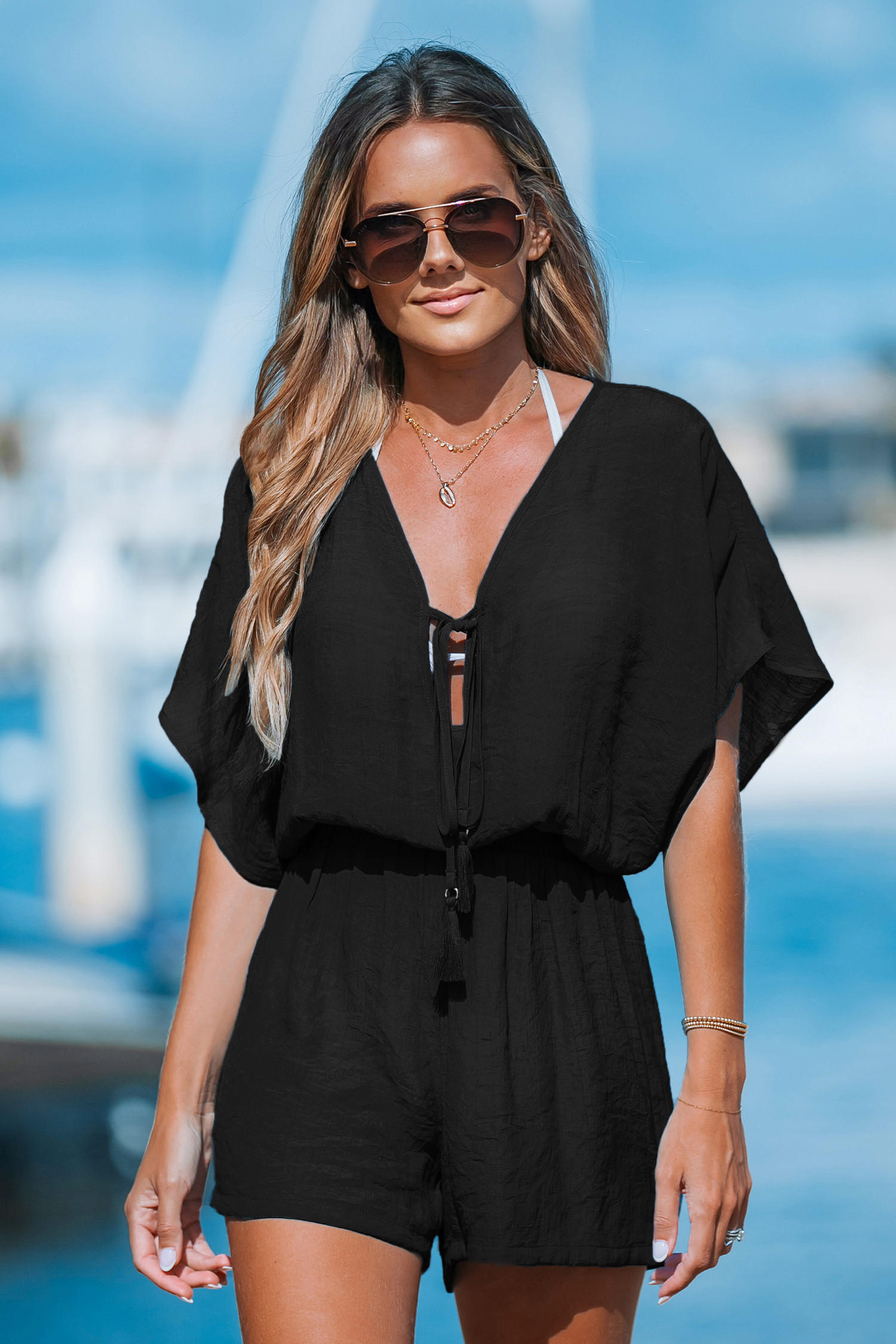 Black Plunging Tassel Tie Cover-Up Romper | Cupshe US