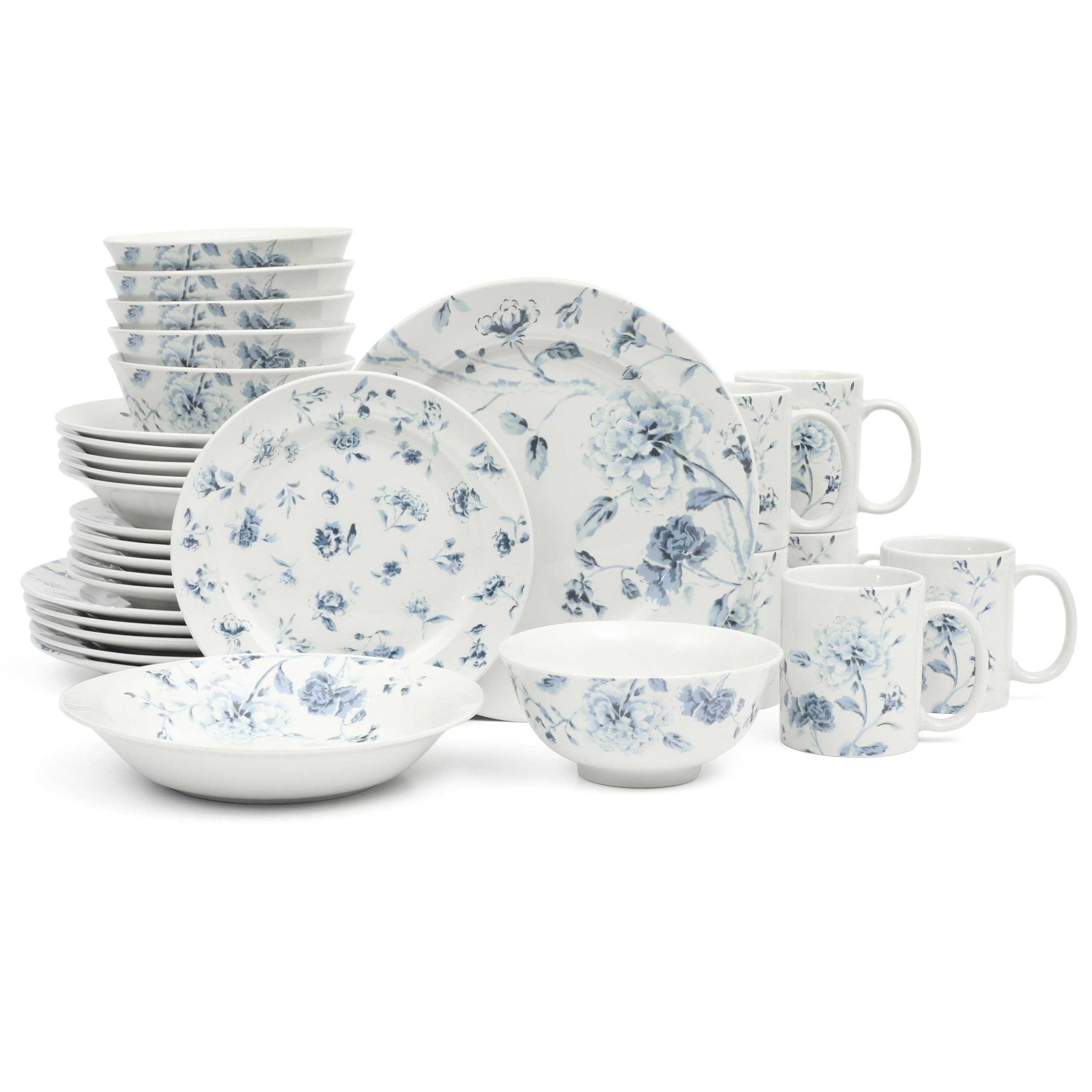 Martha Stewart Empress Bouquet Decorated Porcelain Dinnerware Plates and Bowls Set - Blue Floral,... | Amazon (US)