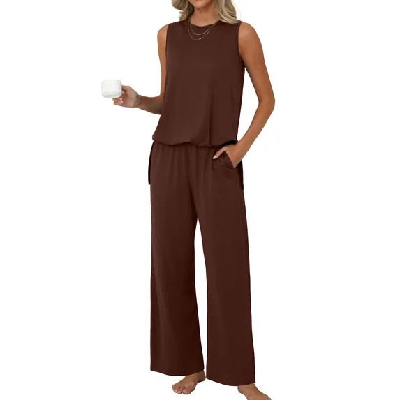 MINTREUS Lounge Sets for Women Knit Loose Tank Top Wide Leg Pants Soft Comfy Pajamas Set 2-Piece ... | Walmart (US)