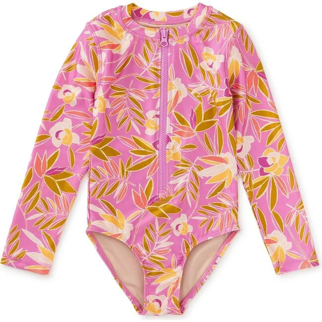 Tea Collection | Long Sleeve One-Piece Kids Toddler Swimsuit, Tropical Gardenias (Pink, Size 2Y) | Maisonette | Maisonette