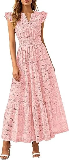 PRETTYGARDEN Womens Boho Maxi Dresses Summer Floral Lace Eyelet V Neck Spring Wedding Guest Dress... | Walmart (US)