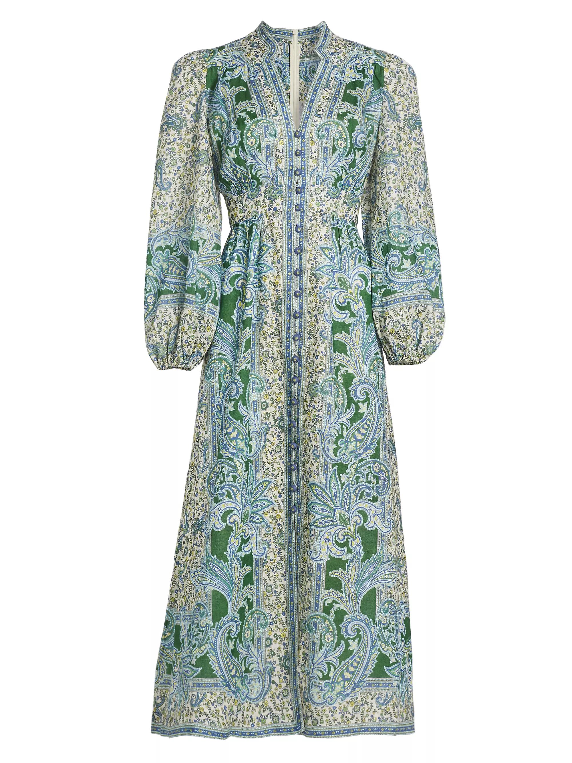 Ottie Plunge Paisley Linen Midi-Dress | Saks Fifth Avenue