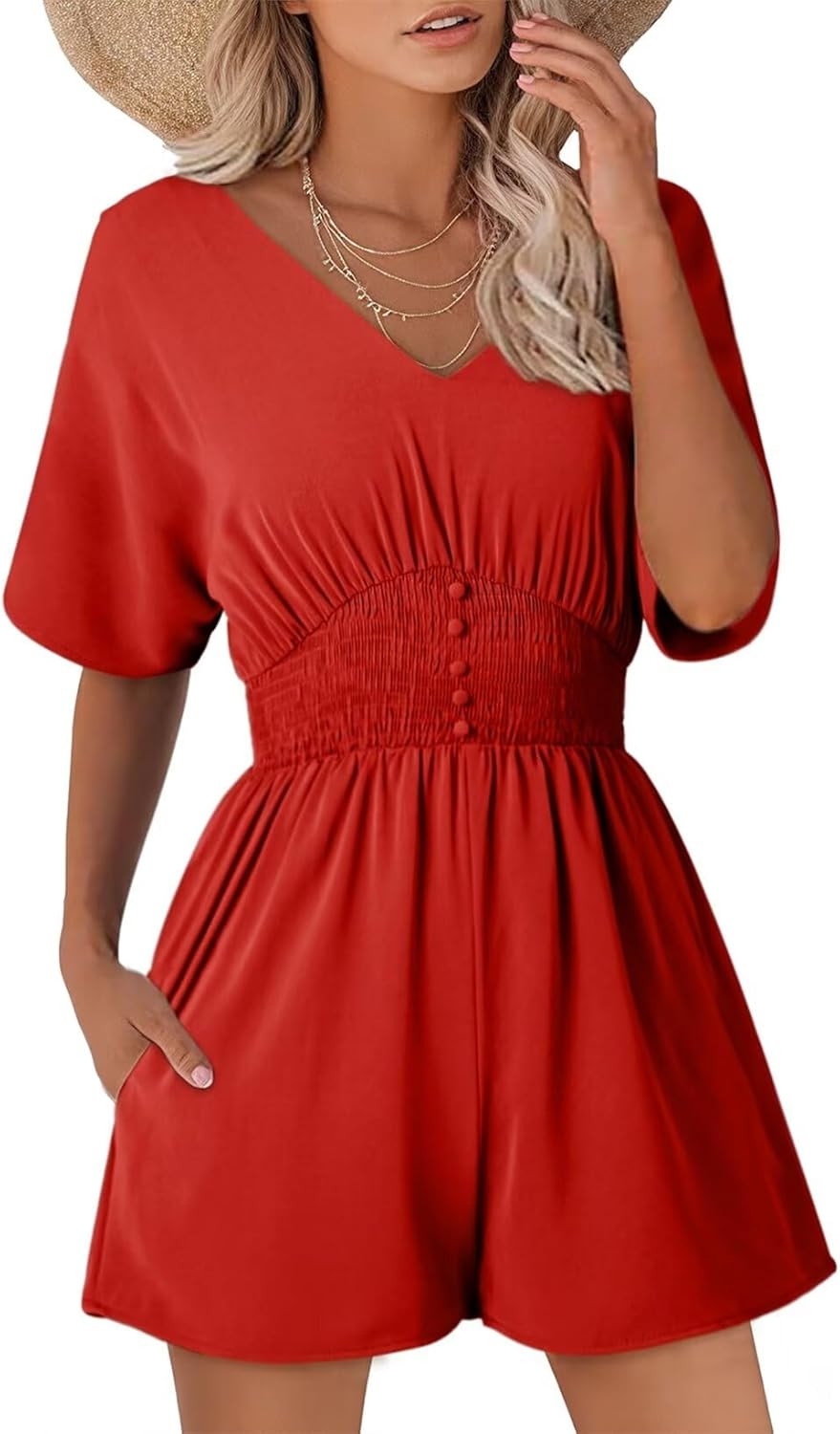Dokotoo Women's Casual Romper Spring Romper Button V Neck Flared Sleeve Elastic Wasit Smocked Short Rompers Jumpsuits Teacher Outfits for Women Tomato Red Medium | Amazon (US)