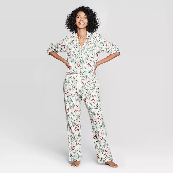 Women's Holly Print Perfectly Cozy Flannel Pajama Set - Stars Above™ Cream | Target