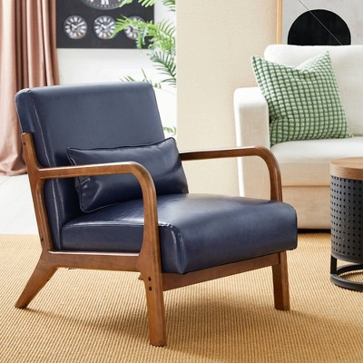 Mid-Century Modern Leatherette Arm Accent Chair Walnut Rubberwood Frame Navy Blue - Glitzhome: PU Upholstery, Tapered Legs, Office/Home Use | Target