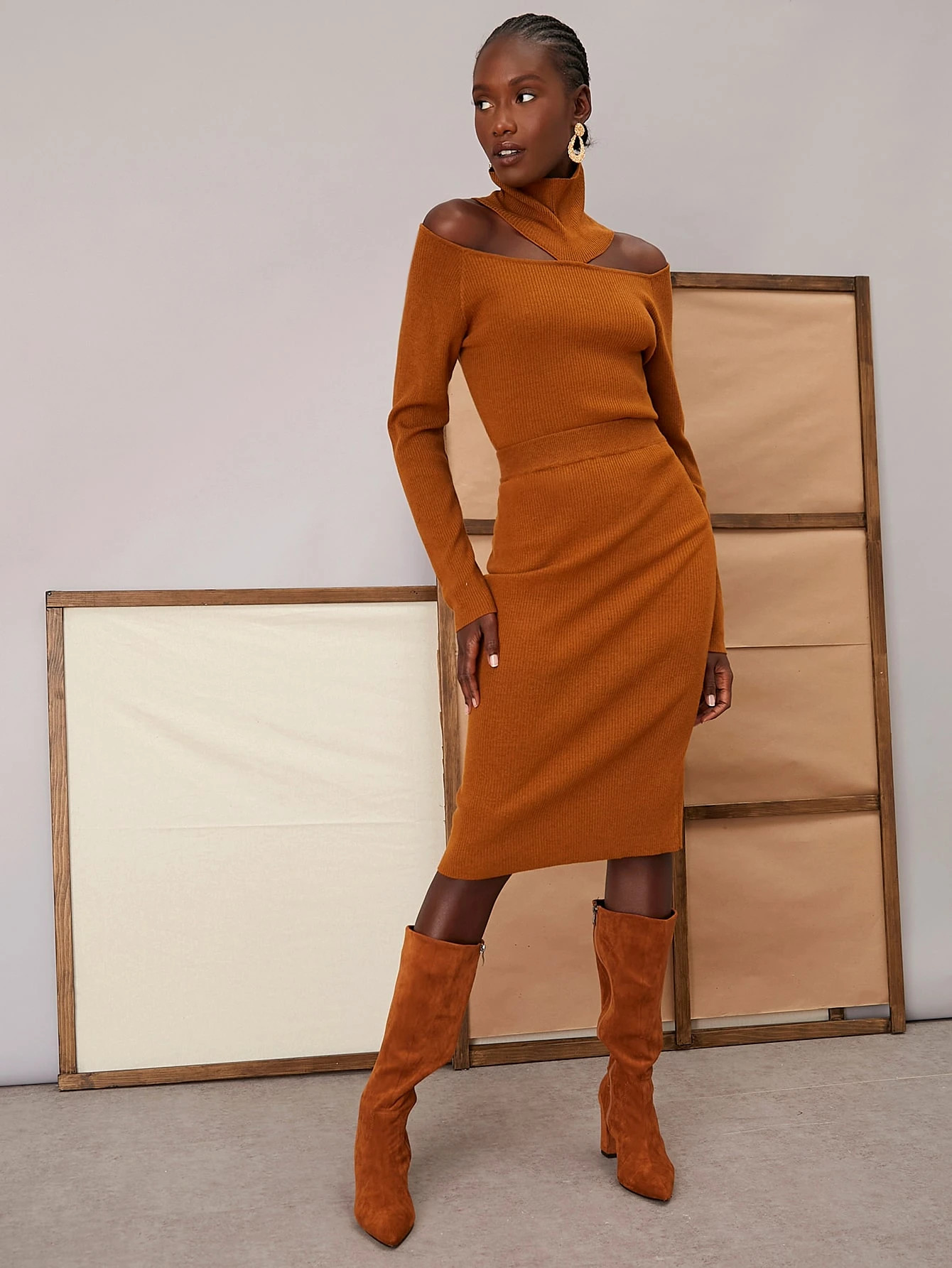 SHEIN Solid Funnel Neck Sweater & Knit Skirt Set | SHEIN