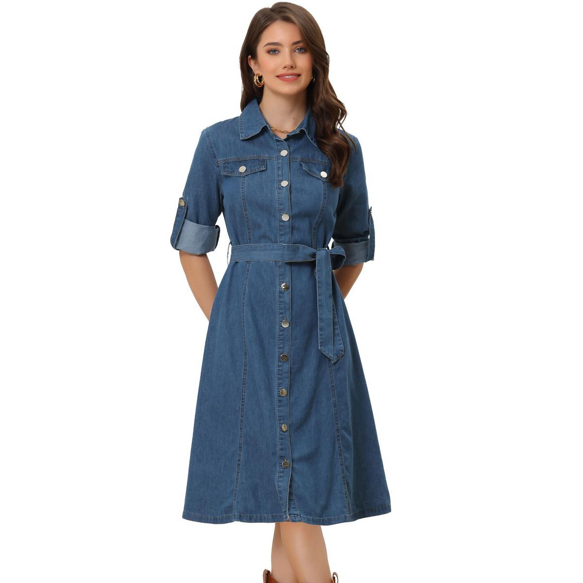 Allegra K Women's Denim Shirt Dress Button Down Long Sleeve Belted Classic Jean Dresses | Target