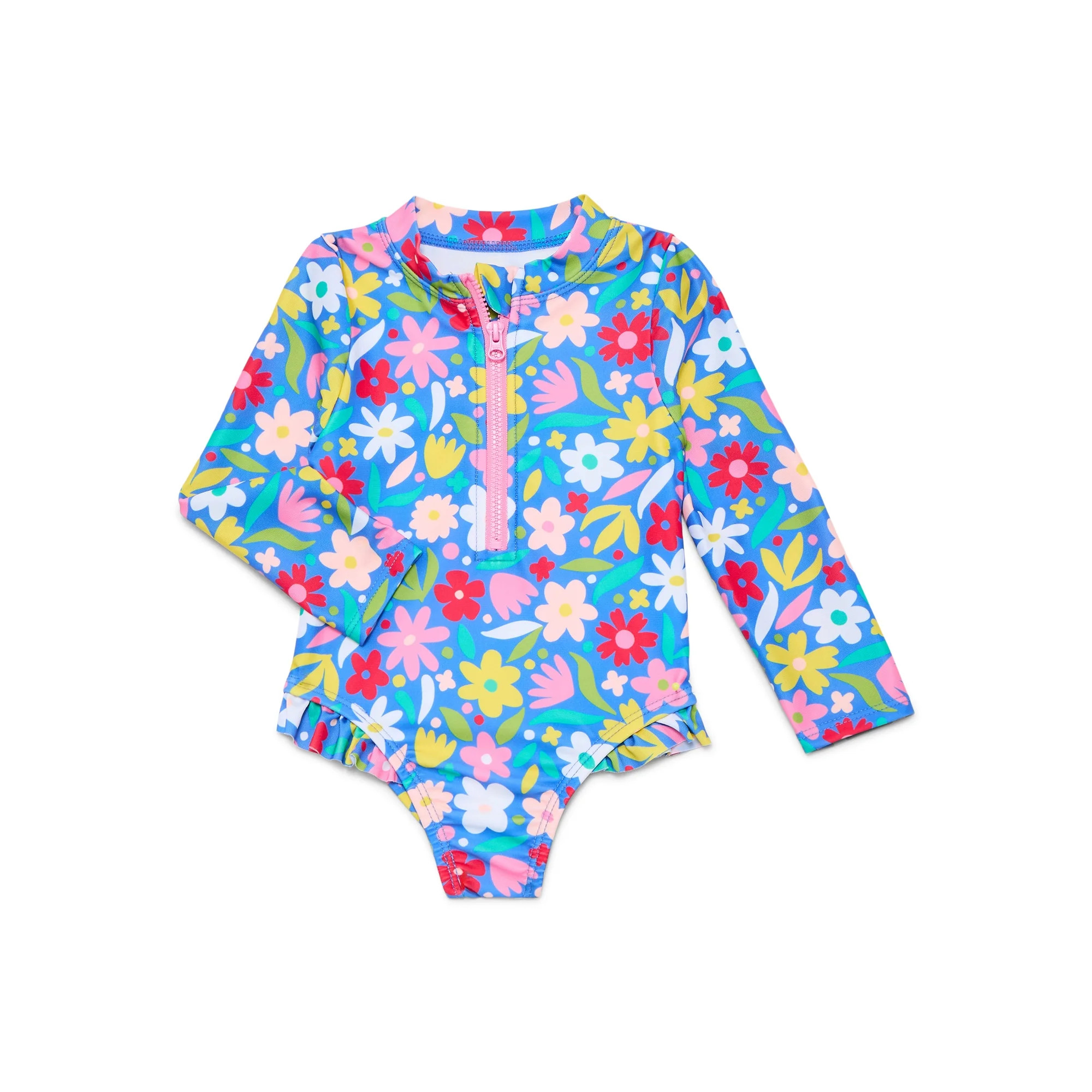 Wonder Nation Toddler Girl Long- Sleeve Zip Rash Guard Swimsuit, Sizes 12M-5T | Walmart (US)