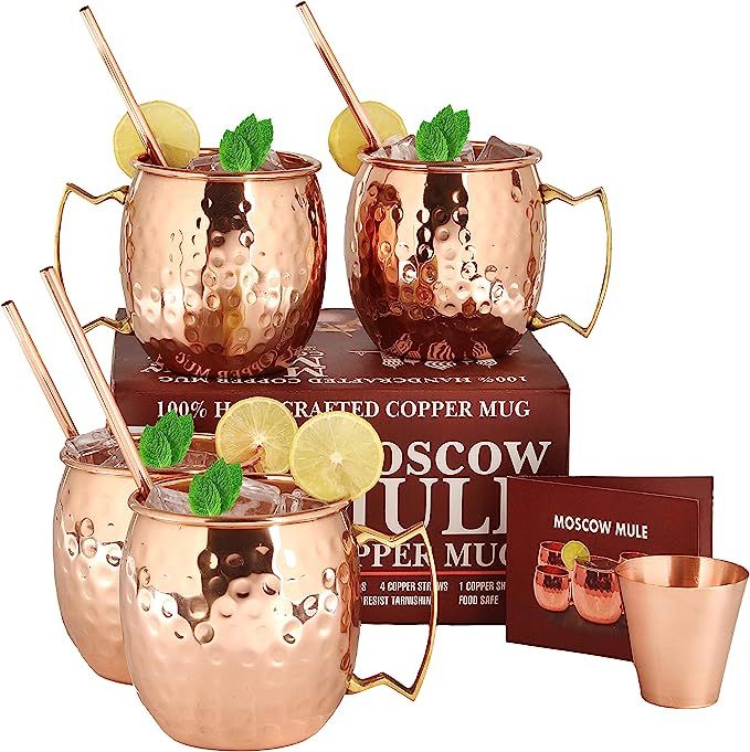 Moscow Mule Copper Mugs - Set of 4-100% HANDCRAFTED Pure Solid Copper Mugs - 16 oz Premium Gift S... | Amazon (US)