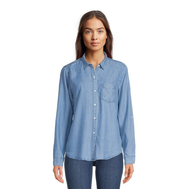 Time and Tru Women's Roll Cuff Button-Down Shirt - Walmart.com | Walmart (US)