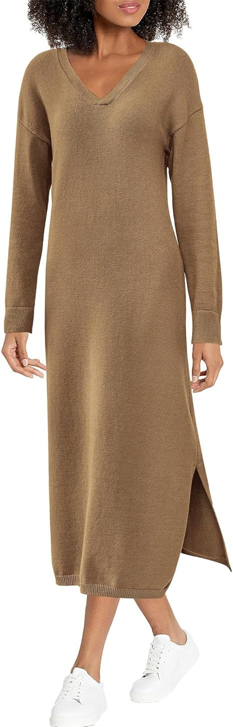 BTFBM Women Fall Sweater Dress Casual V Neck Long Sleeve Slit Knit Oversized Maternity Sweaters M... | Amazon (US)