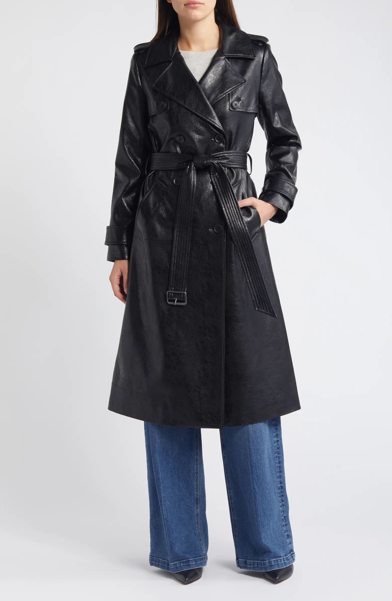 Belted Double Breasted Faux Leather Trench Coat | Nordstrom