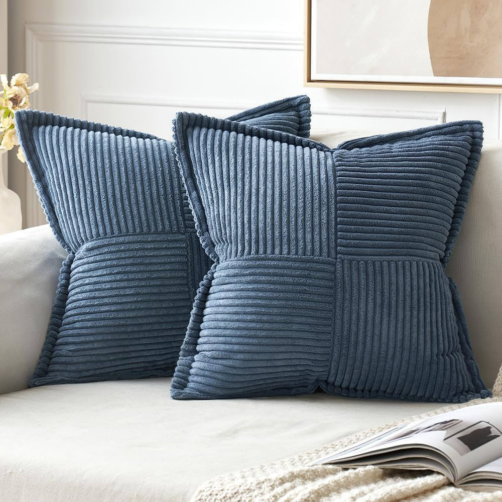 MIULEE Blue Corduroy Pillow Covers 20x20 inch with Splicing Set of 2 Super Soft Boho Striped Pill... | Amazon (US)