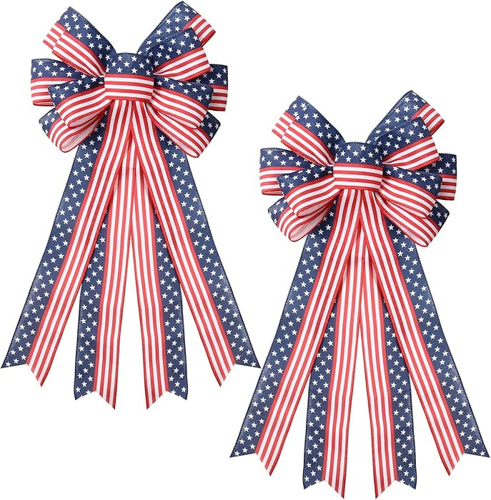 2PCS 4th of July Decorations, Red White Blue Wreath Decor for Front Door, Stripe Stars Tree Toppe... | Amazon (US)