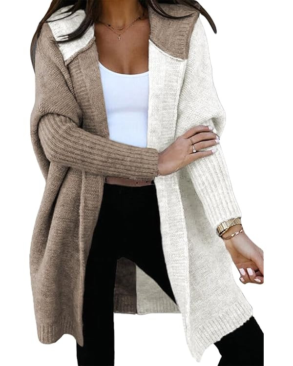 Astylish Women 2025 Fall Outfits Open Front Long Sleeve Hooded Knit Cardigan Sweaters Color Block... | Amazon (US)