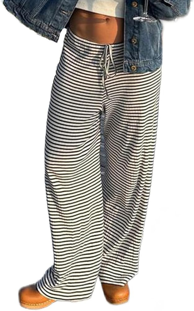 Women's Comfy Pajama Loose Casual Drawstring Lounge Pants - Striped Print Stretch Wide Leg | Amazon (US)