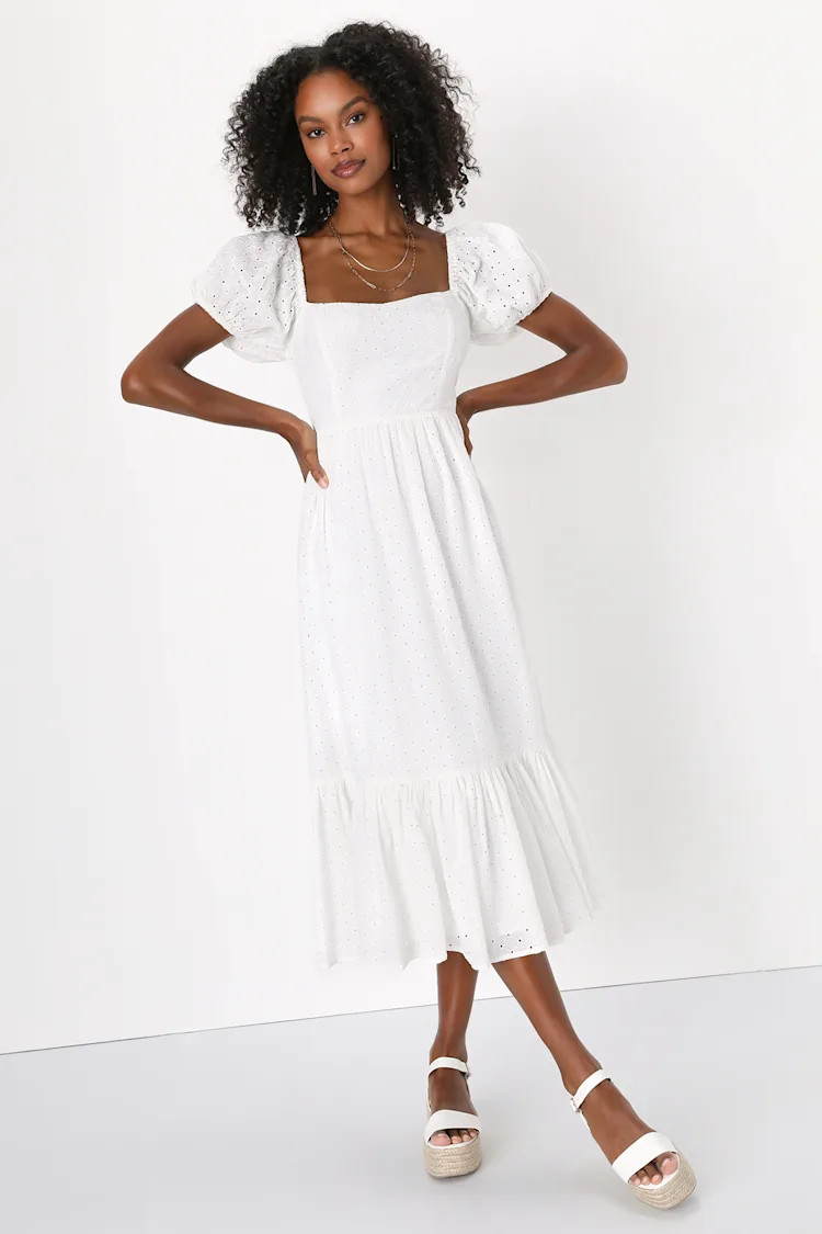 Pretty Days White Eyelet Embroidered Ruffled Babydoll Midi Dress | Lulus (US)