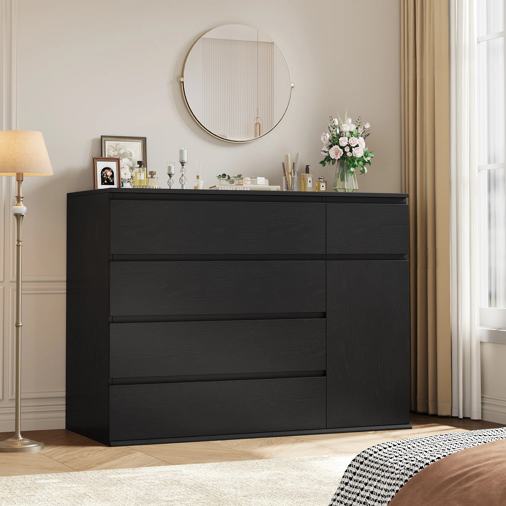 Kardos 39.3"W Modern Solid Wood Combo Dresser with 5 Drawers & Cabinet, Medium Wood Finish | Wayfair North America