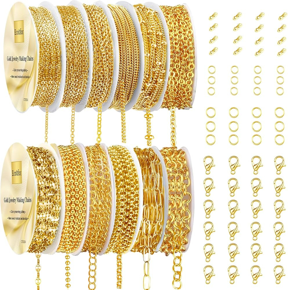 Ecoofor Gold Necklace Chains for Jewelry Making, 95.1 Feet 12 Rolls Jewelry Chains for DIY Neckla... | Amazon (US)