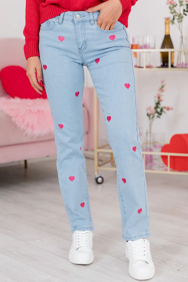 Merritt High Waisted Pink Embroidered Hearts Light Wash Jeans | Pink Lily