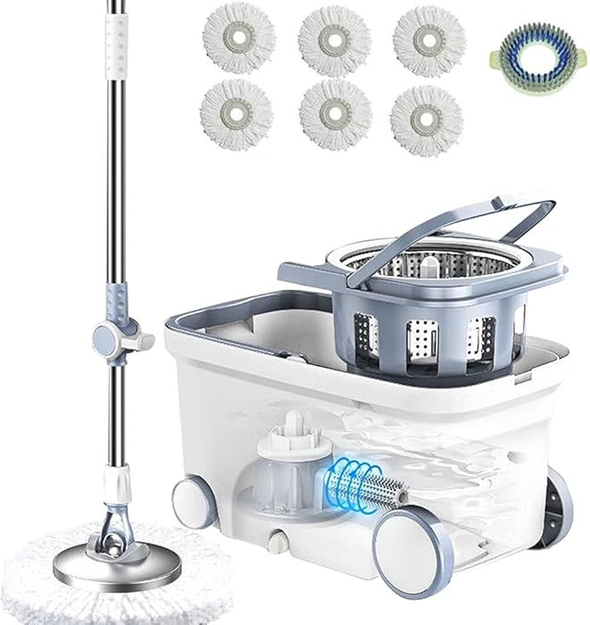 Spin Mop Bucket Deluxe 360 Spinning Floor Cleaning System with 6 Microfiber Replacement Head Refi... | Amazon (US)