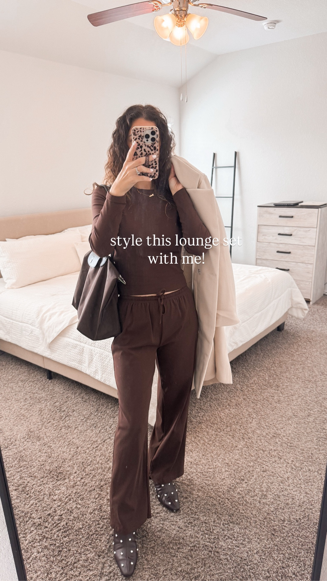 lounge set but elevate it! 🤎 wearing a size medium in the coat, size small in the set, and 9.5 in the embellished boots. my longchamp bag is one of my favorites. i get compliments every time i wear it!

#LTKSeasonal #LTKootd #LTKgrwm