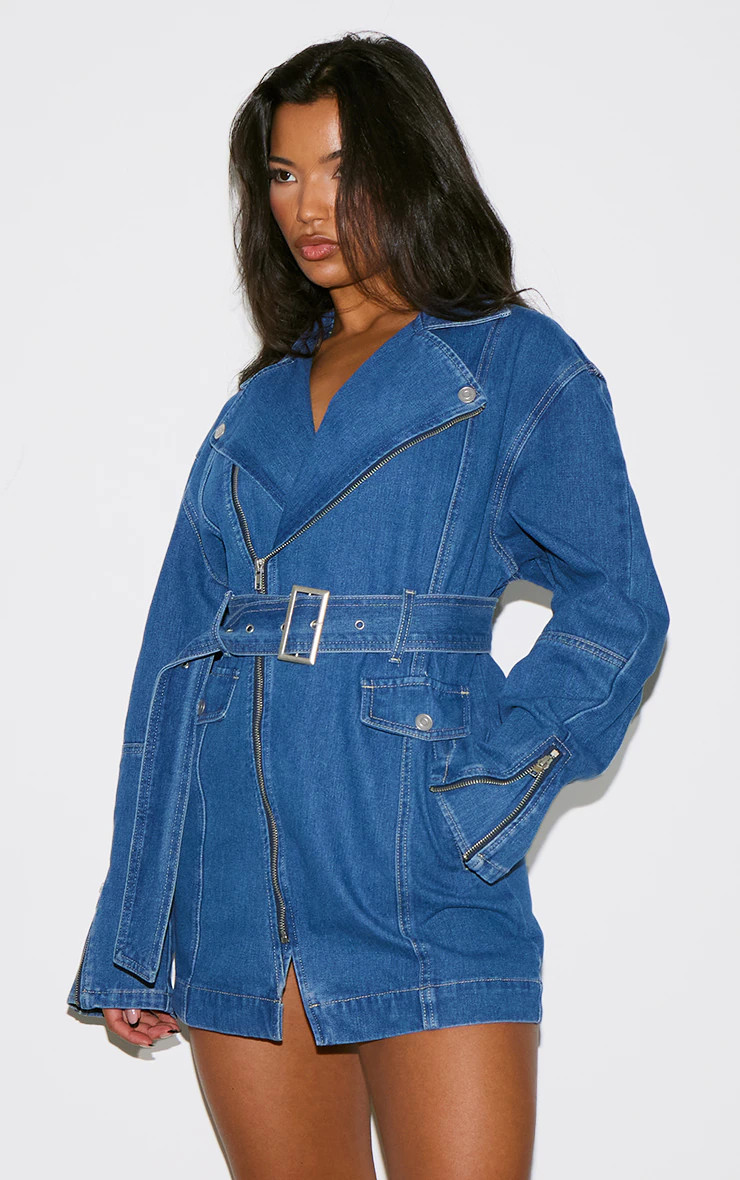 Mid Blue Wash Denim Long Sleeve Belted Biker Dress | PrettyLittleThing US
