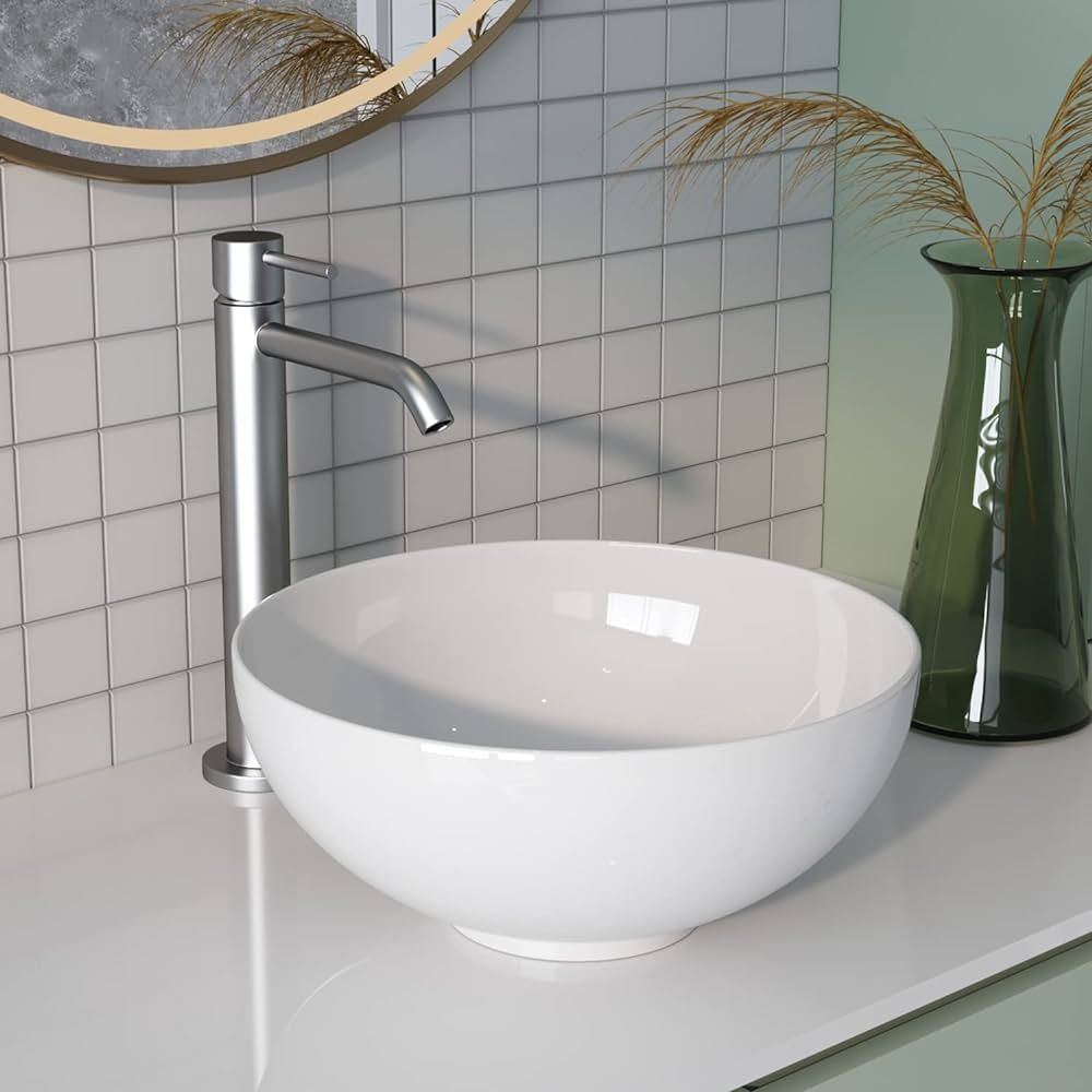 DeerValley DV-1V061 Symmetry White Round Bowl Bathroom Vessel Sink and Modern Above Counter Porce... | Amazon (US)