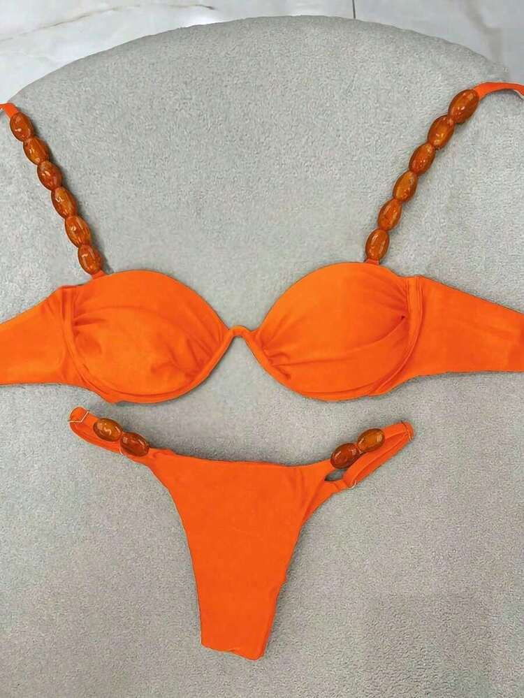 Polovedo Official New Arrival Sexy Solid Orange Bikini Swimsuit, Suitable For Beach, Vacation, Pa... | SHEIN