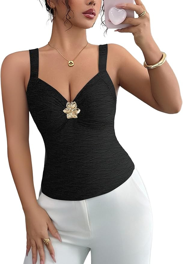OYOANGLE Women's Metal Floral V Neck Tank Top Textured Sleeveless Fitted Crop Tops | Amazon (US)
