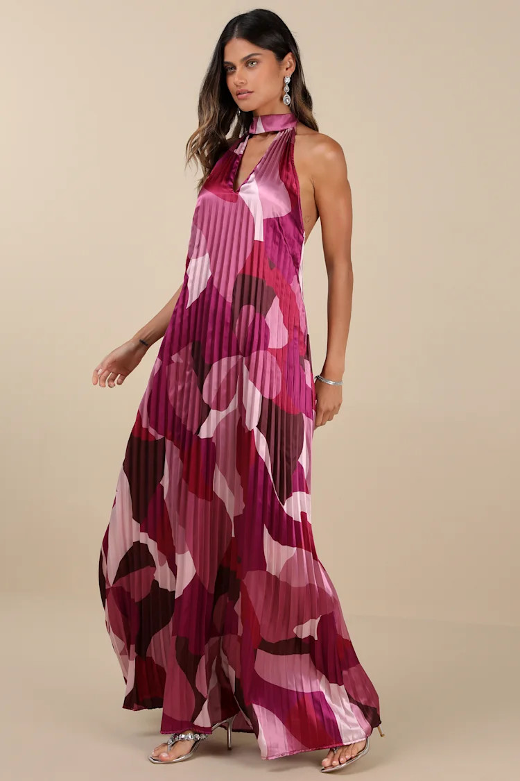 Prime Poise Pink Multi Abstract Satin Halter Maxi Dress | Lulus