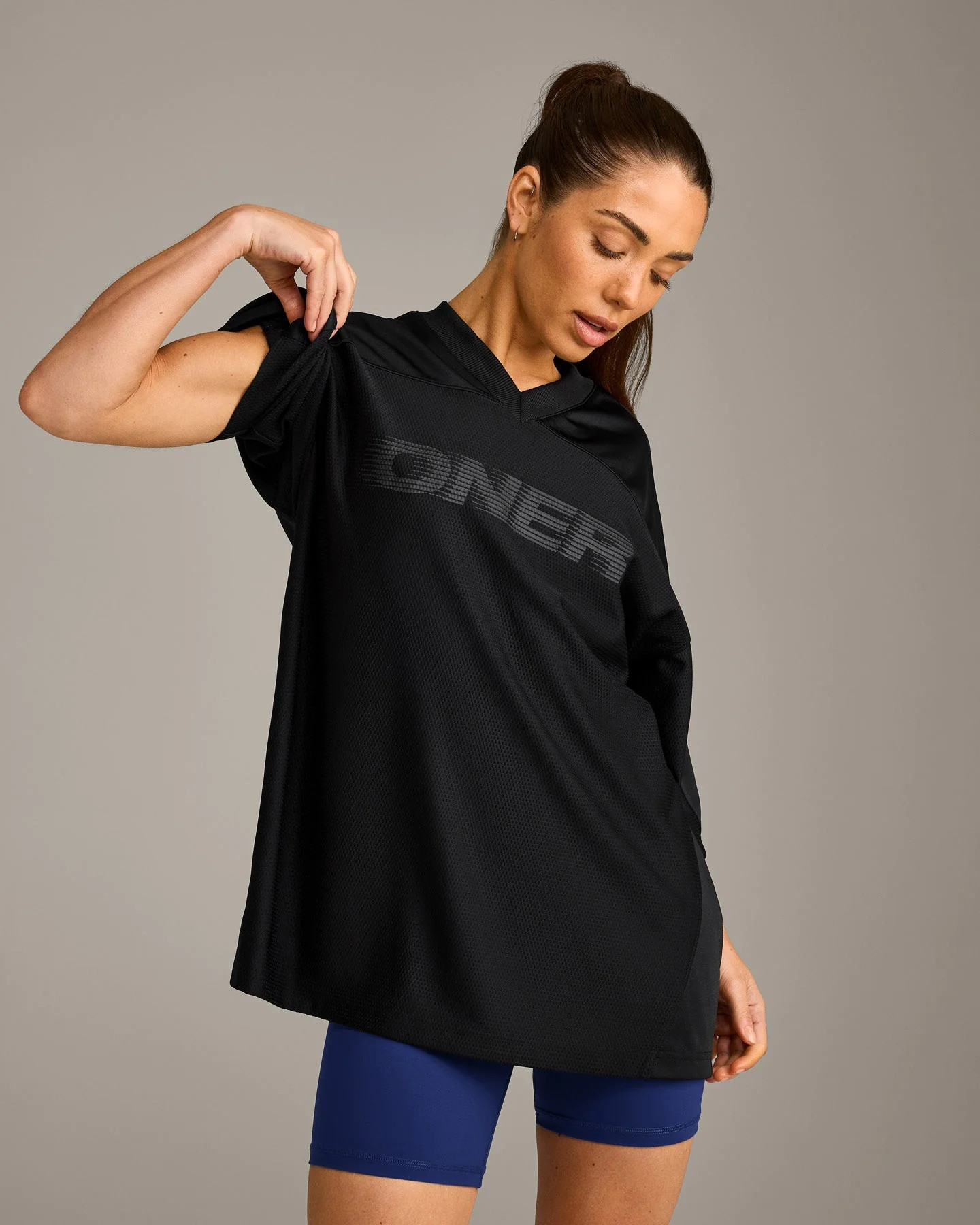Oversized V Neck T-Shirt with Oner Graphic 
 Black | Oner Active (UK / US)