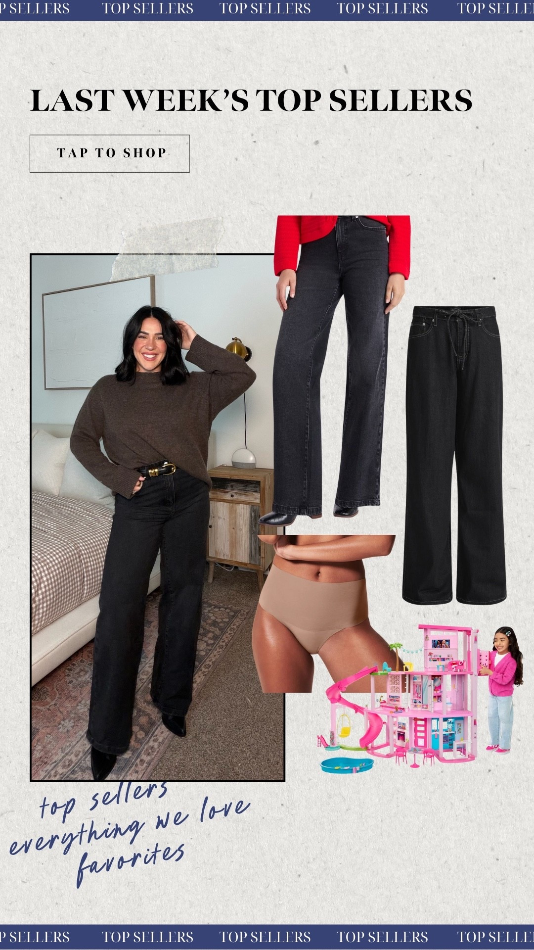 Last week's top sellers! Top selling Walmart high waist jeans & tie jeans, both so insanely comfy & flattering. My go-to spanx undies, and Barbie dream house! 

#LTKootd #LTKHoliday #LTKFindsUnder100