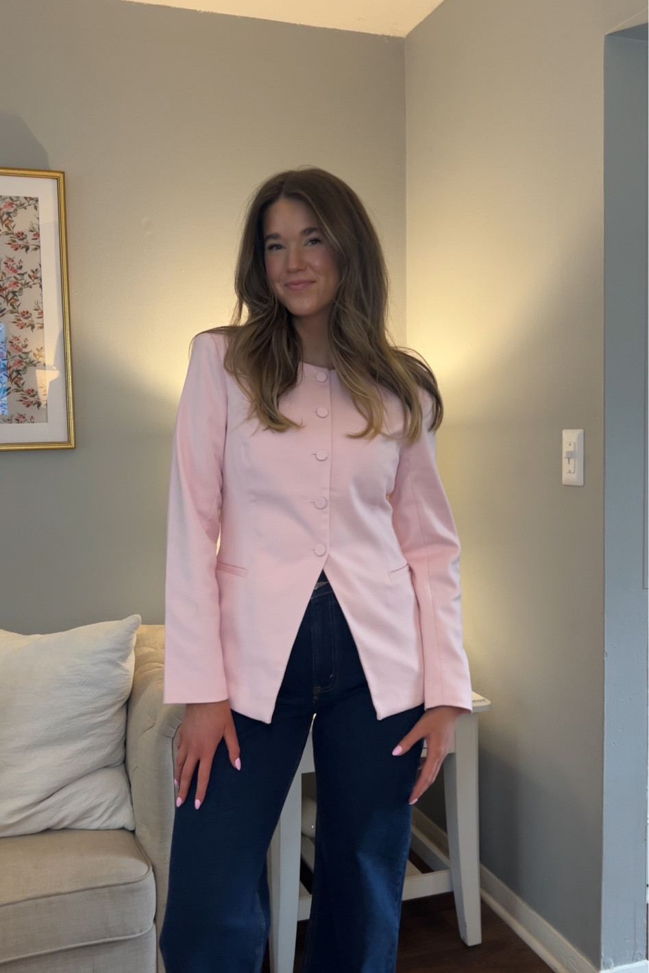 the perfect pale pink collarless blazer 👏🏼 paired with dark rinse straight leg jeans

(related search: office outfit, office wear, office look, work outfit, workwear, pink outfit, day to night outfit, elevated look)

#LTKWorkwear #LTKSeasonal #LTKFindsUnder100