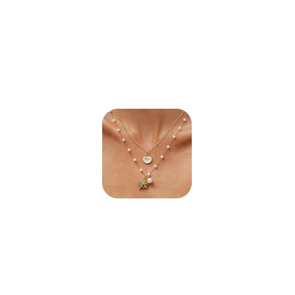 Shell Necklaces for Women Layered Starfish Seashell Charm Necklace Beach Conch Jewelry Halloween ... | Amazon (US)