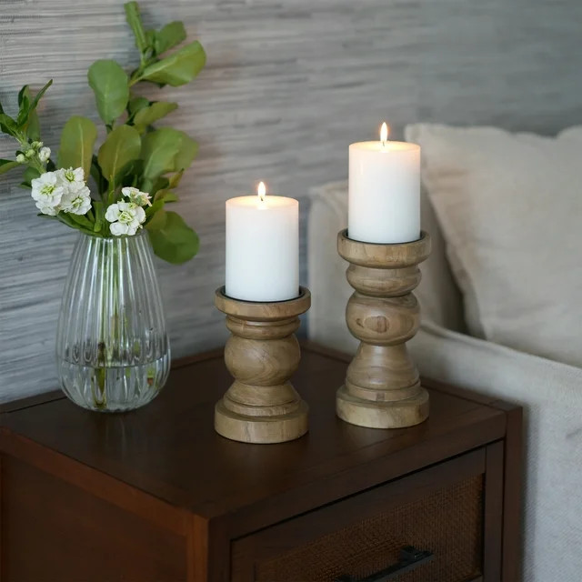 Mainstays Light Wood Tabletop Pillar Candle Holders, 2PC Set | Walmart (US)