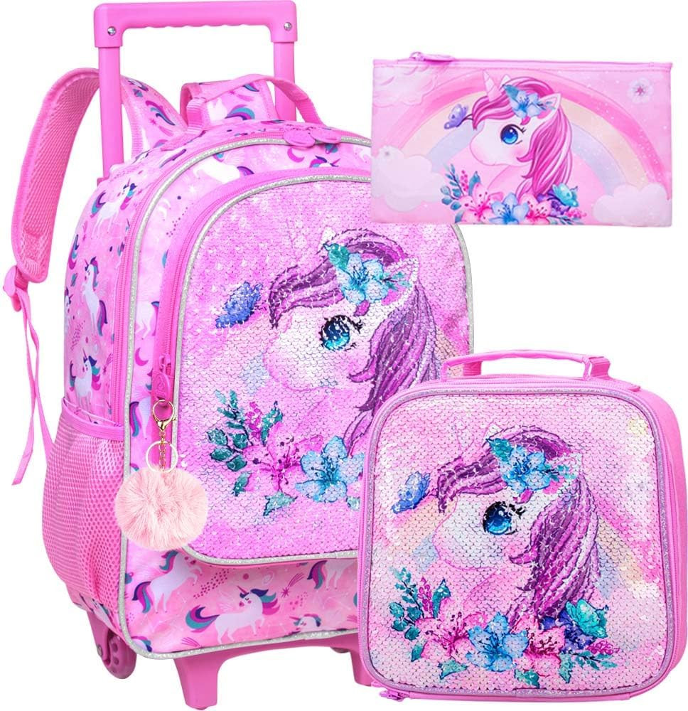 UFNDC 3PCS Rolling Backpack for Girls and Boys， Kids Unicorn Dinosaur Wheeled Bookbag | Amazon (US)