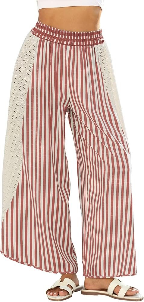 Athlisan Womens Summer Casual Loose Striped Wide Leg Lounge Pants Elastic Waist Palazzo Trousers | Amazon (US)