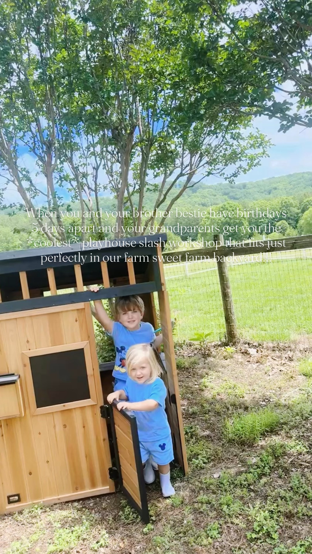 When you and your brother bestie 👶🏼🩵👶🏼 have birthdays 🎂 5 days apart 🎁 and your grandparents get you the *coolest* playhouse slash workshop 🏡🛠️ that fits just perfectly in our farm sweet farm backyard!!! 🌾🌳🐴 #backyardplayhouse #farmsweetfarm #boysplayhouse #farmhouseplayhouse 

Truly the best gift 🎁 that will keep on giving for years upon years to come 🫶🏽 for our family 👶🏼👶🏼 out here on the land and I can’t wait to see all the special memories 🎞️ these cuties make out here!!! 🛠️🌳🩵🌾🪻 And yes, I linked 🔗 it over on my LTKit shop - it’s just too fun 🤩 and perfect for little boys!! 💙🪵 #boysworkshop