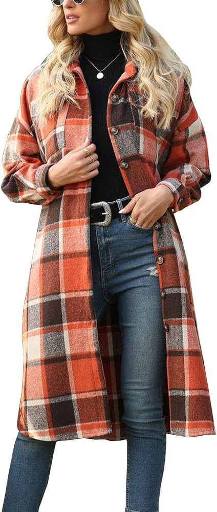 Duyang Women's Classic Button Down Plaid Long Shirt Jacket Casual Wool Blend Shacket Jacket Trenc... | Amazon (US)