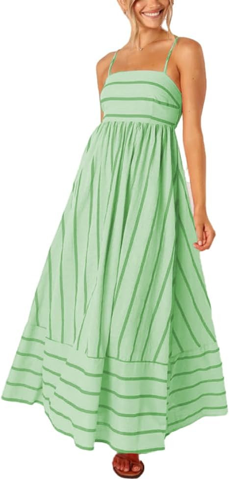 Spring Summer Smocked Maxi Dresses for Women, 2024 Striped Back Sexy Spaghetti Strap Cut Out Flow... | Amazon (US)