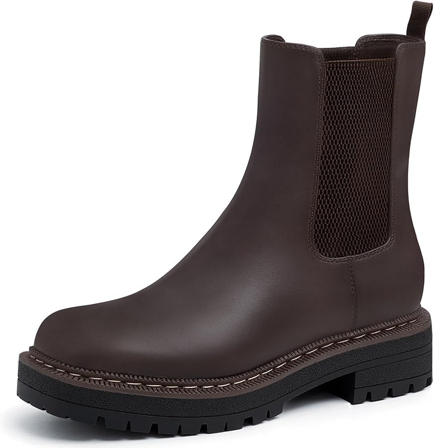 Athlefit Women's Chelsea Ankle Boots Platform Slip On Chunky Heel Lug Sole Leather Booties | Amazon (US)