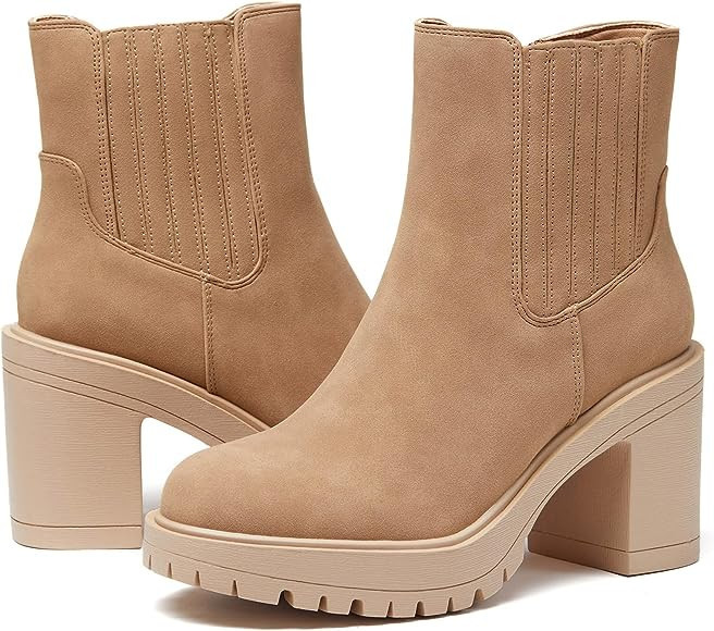 Womems Platform Lug Sole Ankle Boots Chunky Block Heel Seam Booties Combat Cozy Round Toe Chelsea... | Amazon (US)