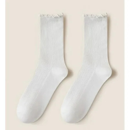 HEMOTON 3 Pairs Cute Ruffle Socks for Women White Socks with Frilly Design for Daily Wear Mid Calf | Walmart (US)