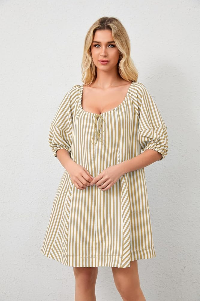 utcoco Womens Summer Casual Striped Mini Dress Puffy Half Sleeve Beach Vacation Boho Swing Tunic ... | Amazon (US)
