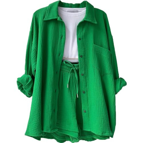 Generic Women's 2 Piece Casual Outfit - Green, Size Small - Top and Shorts Set - Summer Vacation Outfits - Long Sleeve, Solid Pattern - Breathable, Pocket | Amazon (US)