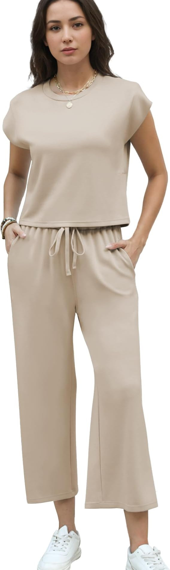 Two Piece Sets for Women Summer Outfits 2024 Cap-Sleeve Tee Tops Wide Leg Pants Set Lounge Tracks... | Amazon (US)